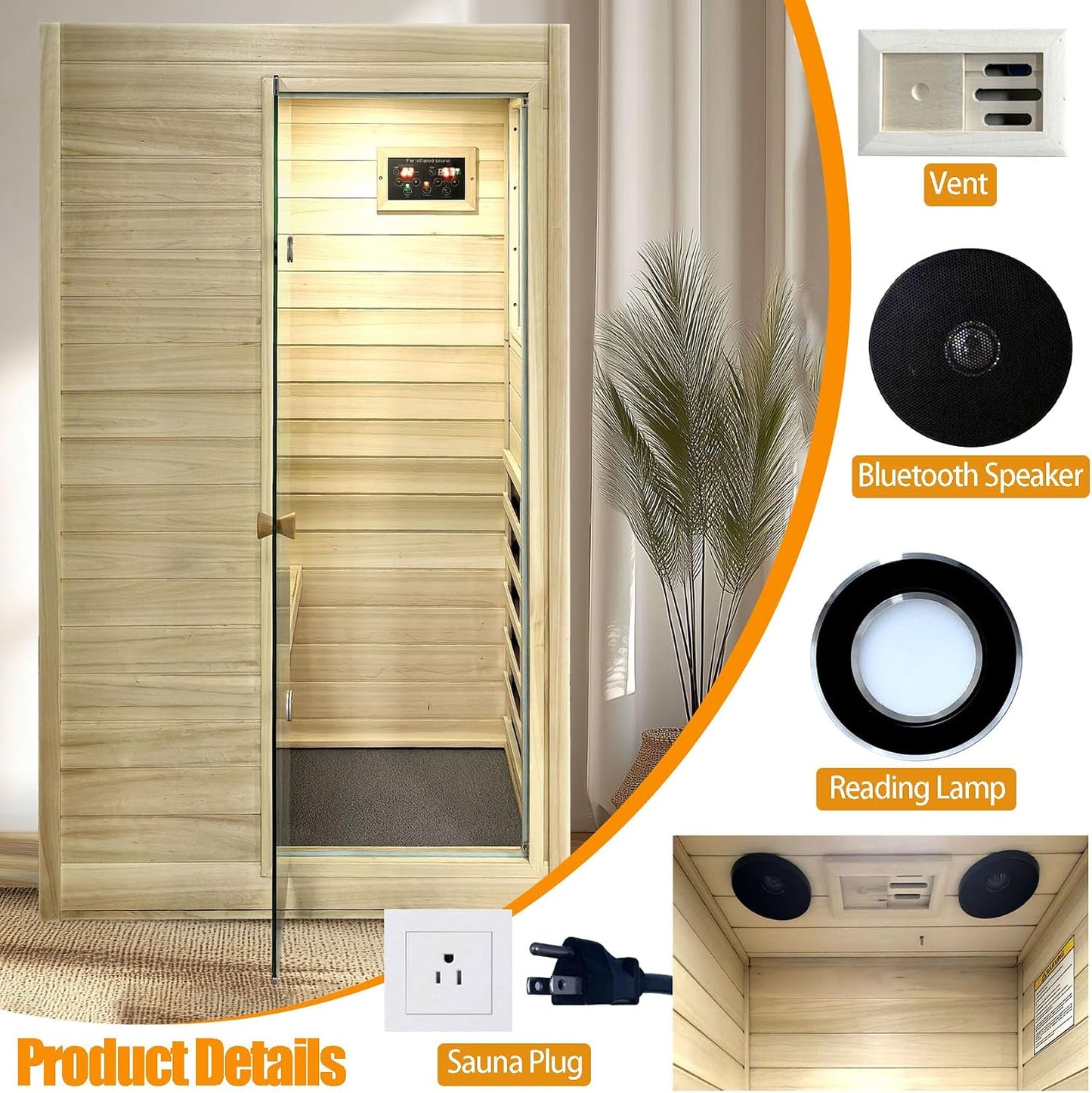 Far Infrared Sauna European Aspen Wood 1 Person Infrared Sauna for Home 905W Low EMF Mini Indoor Sauna with Bluetooth Speakers, Right Door