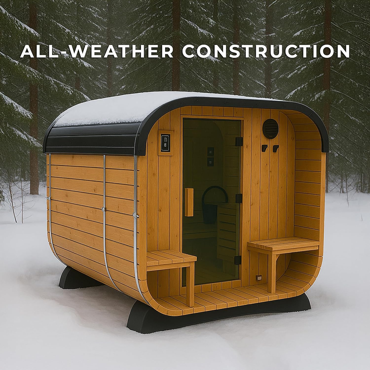 Backyard Discovery Lennon 4-6 Person Traditional Cedar Outdoor Cube Sauna with Porch, Electric Sauna Heater, Sauna Rocks, Dry Heat, Steam Sauna, LED Lights, Wi-Fi Control, Sauna Accessories