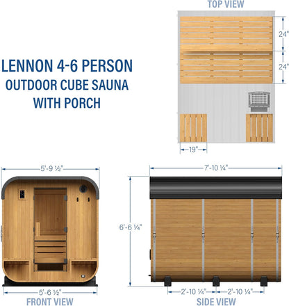 Backyard Discovery Lennon 4-6 Person Traditional Cedar Outdoor Cube Sauna with Porch, Electric Sauna Heater, Sauna Rocks, Dry Heat, Steam Sauna, LED Lights, Wi-Fi Control, Sauna Accessories