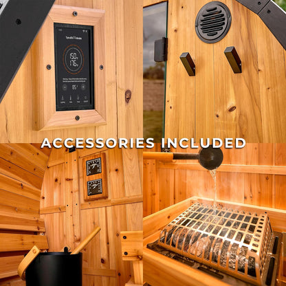 Backyard Discovery Lennon 4-6 Person Traditional Cedar Outdoor Cube Sauna with Porch, Electric Sauna Heater, Sauna Rocks, Dry Heat, Steam Sauna, LED Lights, Wi-Fi Control, Sauna Accessories