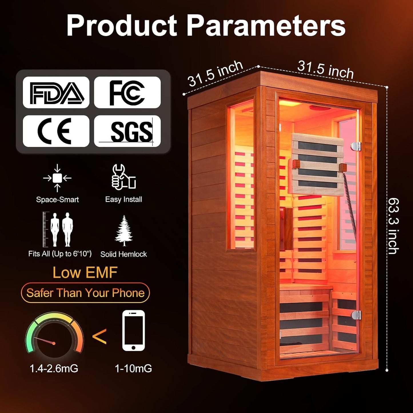 Infrared Sauna with Fda-Certified Red Light Therapy 660Nm & 850Nm | Full Spectrum, 1.4 Mg Ultra Low EMF, Fast Heat-Up, Canadian Hemlock, 7 PCS Carbon Fiber Heaters, Easy Assembly, 1170W 110V