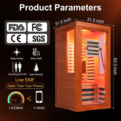 Infrared Sauna with Fda-Certified Red Light Therapy 660Nm & 850Nm | Full Spectrum, 1.4 Mg Ultra Low EMF, Fast Heat-Up, Canadian Hemlock, 7 PCS Carbon Fiber Heaters, Easy Assembly, 1170W 110V
