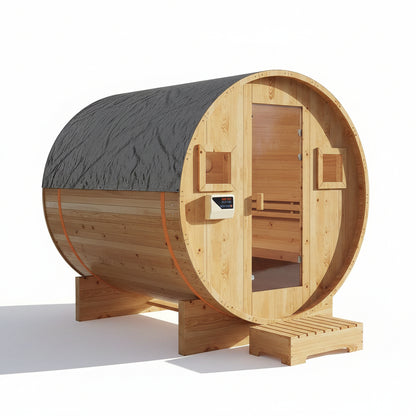 Outdoor Traditional Barrel Sauna | 4-6 Person Wood Sauna, Steam and Wet Sauna with 220V with 6KW Electric Heater, Sauna Stone