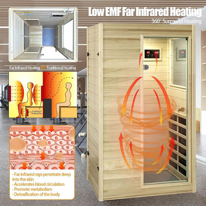 Far Infrared Sauna European Aspen Wood 1 Person Infrared Sauna for Home 905W Low EMF Mini Indoor Sauna with Bluetooth Speakers, Right Door