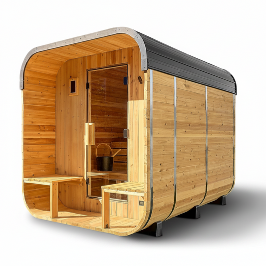 Lennon 4-6 Person Traditional Cedar Outdoor Cube Sauna with Porch, Electric Sauna Heater, Sauna Rocks, Dry Heat, Steam Sauna, LED Lights, Wi-Fi Control, Sauna Accessories